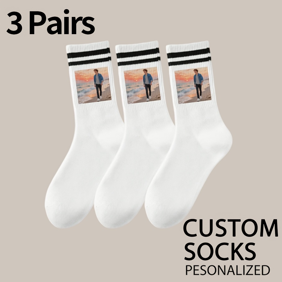 TEMU 3 Paires de Chaussettes Personnalisées, Chaussettes Photo Personnalisées, Chaussettes Rayées Personnalisées, Confortables et Respirantes,