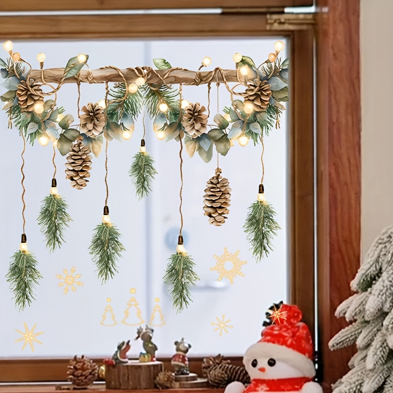 E-shop 2D Flache, Weihnachtskiefernzapfen Fensterbilder 2D Flachsticker Glitzernde Schneeflocken Bunte Lampe Klebefreie Sticker Wiederverwendbare