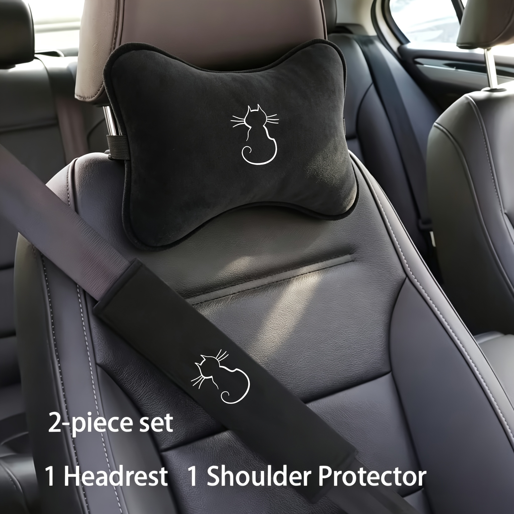 TEMU Juego de reposacabezas y soporte para hombros para coche con diseño de gato en arte lineal minimalista (2 piezas): 1 reposacabezas + 1 soporte