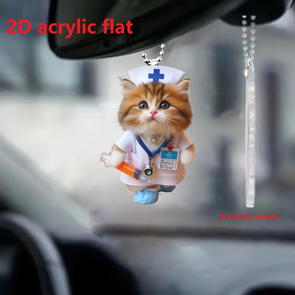 

1pc 2d Acrylic Cartoon Nurse Kitten Car Rearview Mirror Decorative Pendant, Bag Keychain Pendant, Home Decoration Pendant
