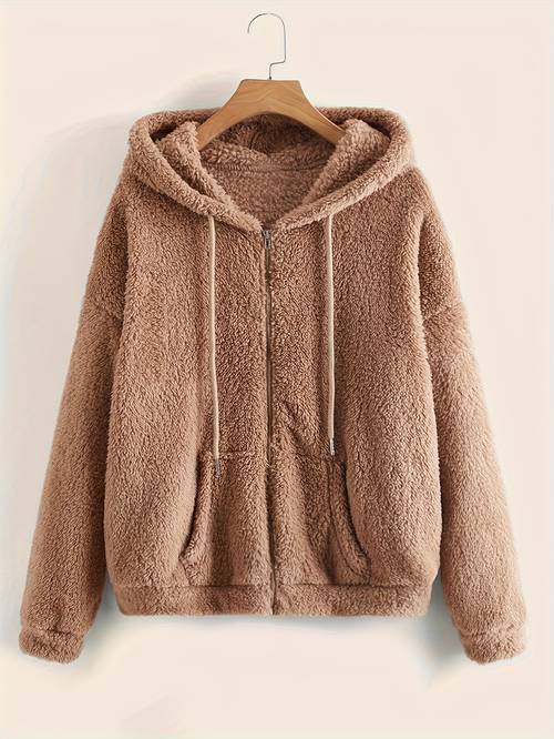 Women S Elegant Brown Fur Teddy Jacket with Drawstring Hood - Long Sleeve Zipper Front, Cozy Fall/Winter Outerwear for Casual or Chic Outfits, Chic Outerwear, Durable Outerwear