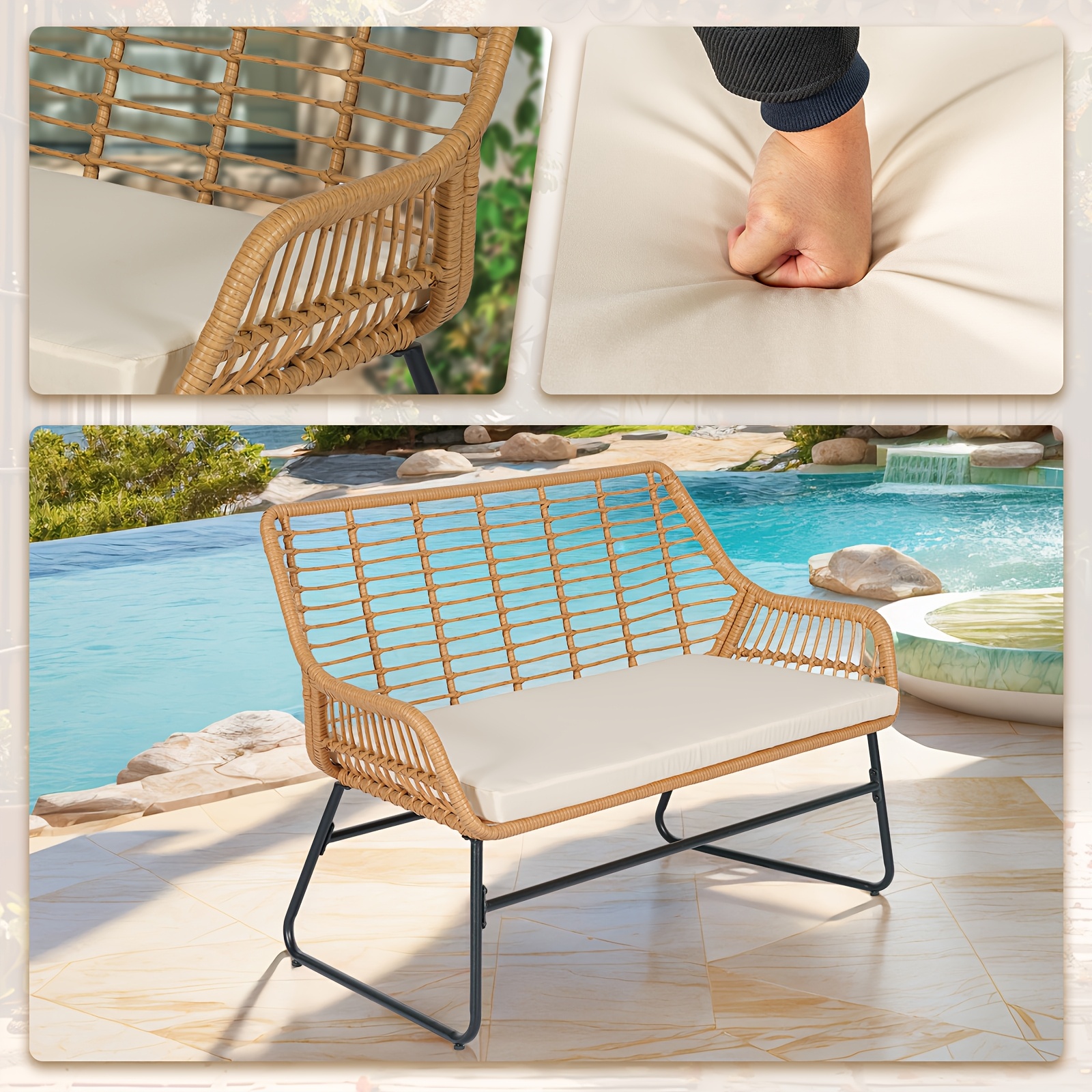 4pcs Outdoor Patio Furniture Collection • Rattan Bistro Set Featuring Cushions & Table • Wicker Loveseat for Conversations in Your Backyard, Balcony, Or Garden