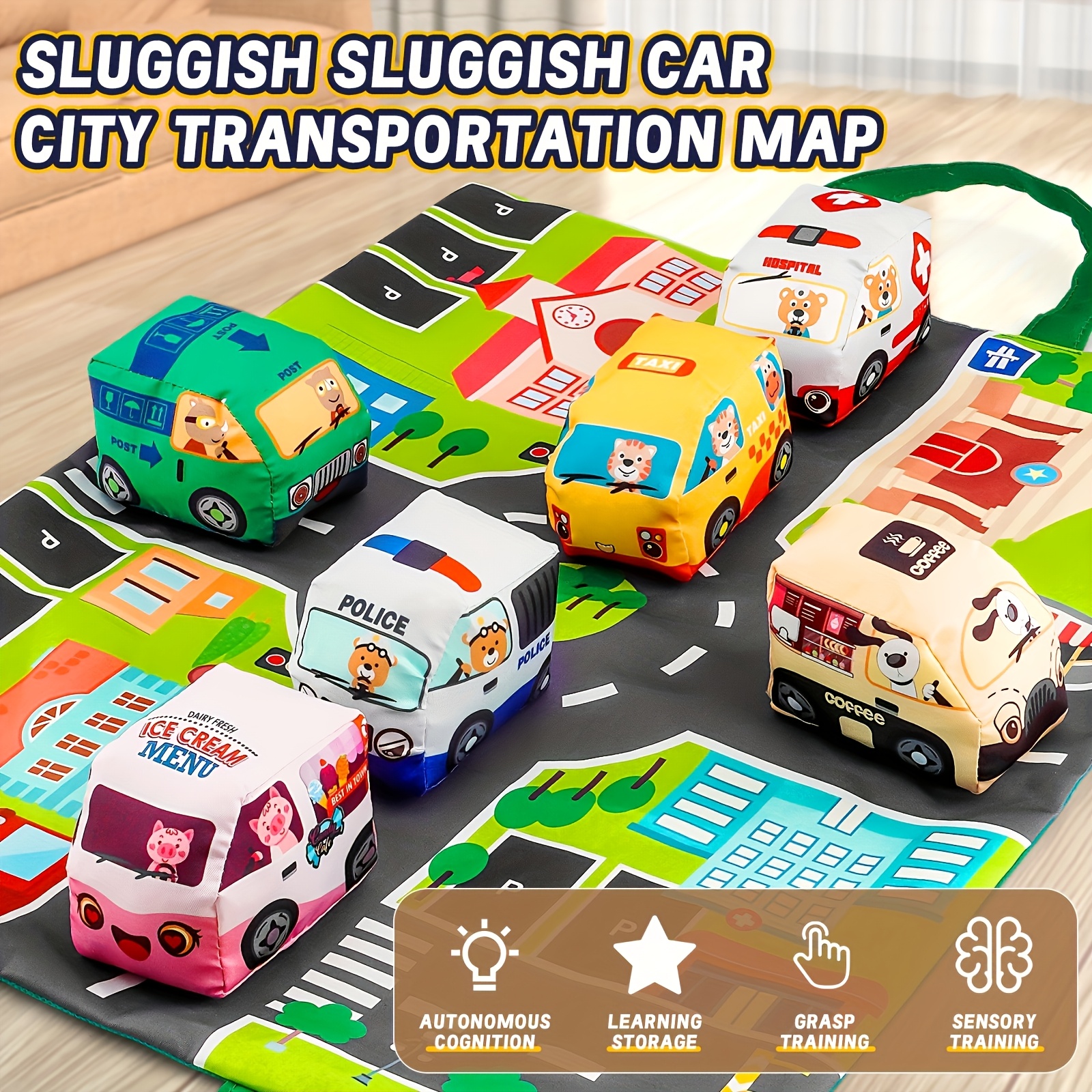 Interactive Fabric Car Play Mat with Storage Bag