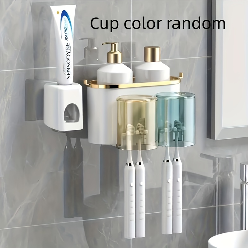 

1 Set Of Multifunctional Toothbrush Holder And Cup Holder, Wall Mounted Toothpaste And Mouthwash Storage With Toothpaste Squeezer, Bathroom Accessories, Bathroom Storage And Organization