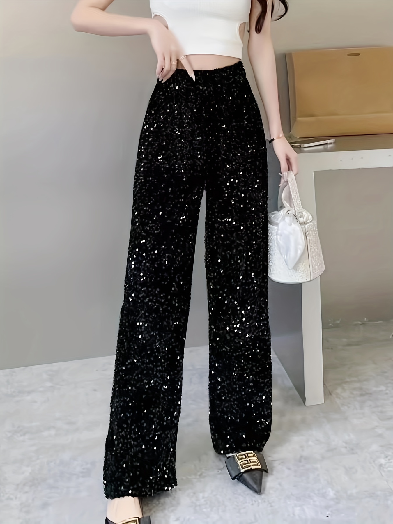 elegant sequined pants women solid color polyester wide leg Temu