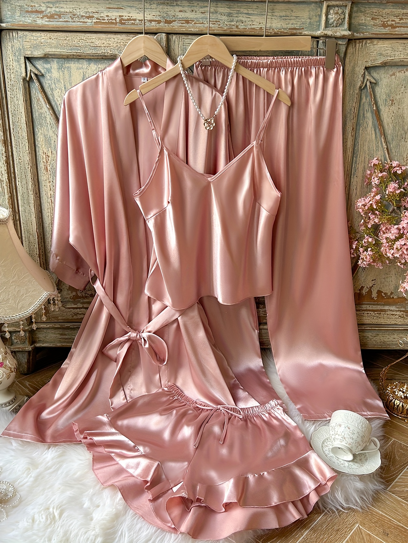 Rose Gold Short Satin Pyjama Rose Gold Satin Shorty Pajamas Pink