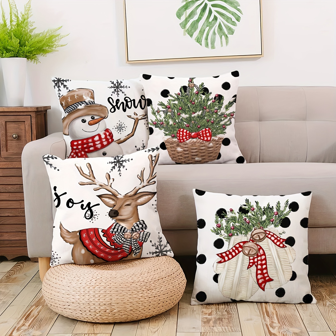 TEMU Set van 4 ultra-zachte kussenslopen met rendier- en sneeuwmannenontwerpen, perfect voor kleine cadeautjes. Deze kerstthema-hoesjes zijn gedrukt