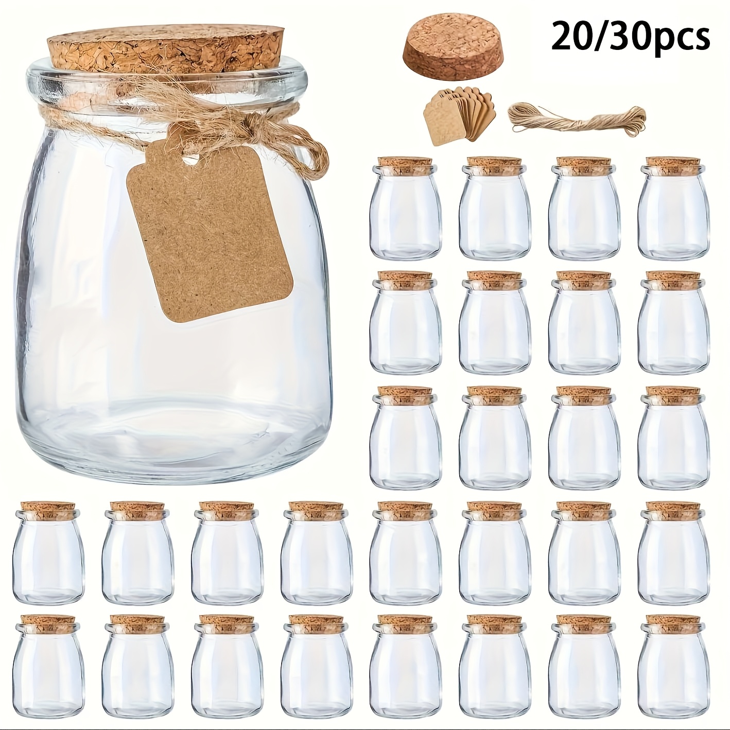 

20/30pcs Mini Glass Jars With Cork - 100ml Reusable Round Containers For Yogurt, Pudding, Honey & Wedding Favors - Includes Labels & Twine