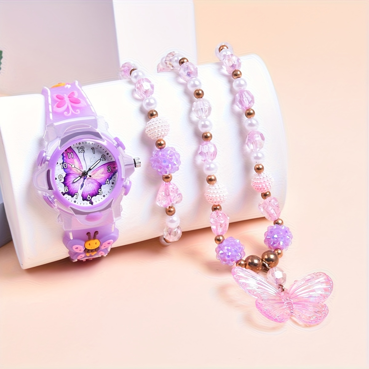 Image of New Style 3pcs Set Featuring A Unique Creative 3d Cartoon Silicone Strap , A Glowing Quartz Wristwatch For Girls, And A Luxurious Necklace And Bracelet Set
