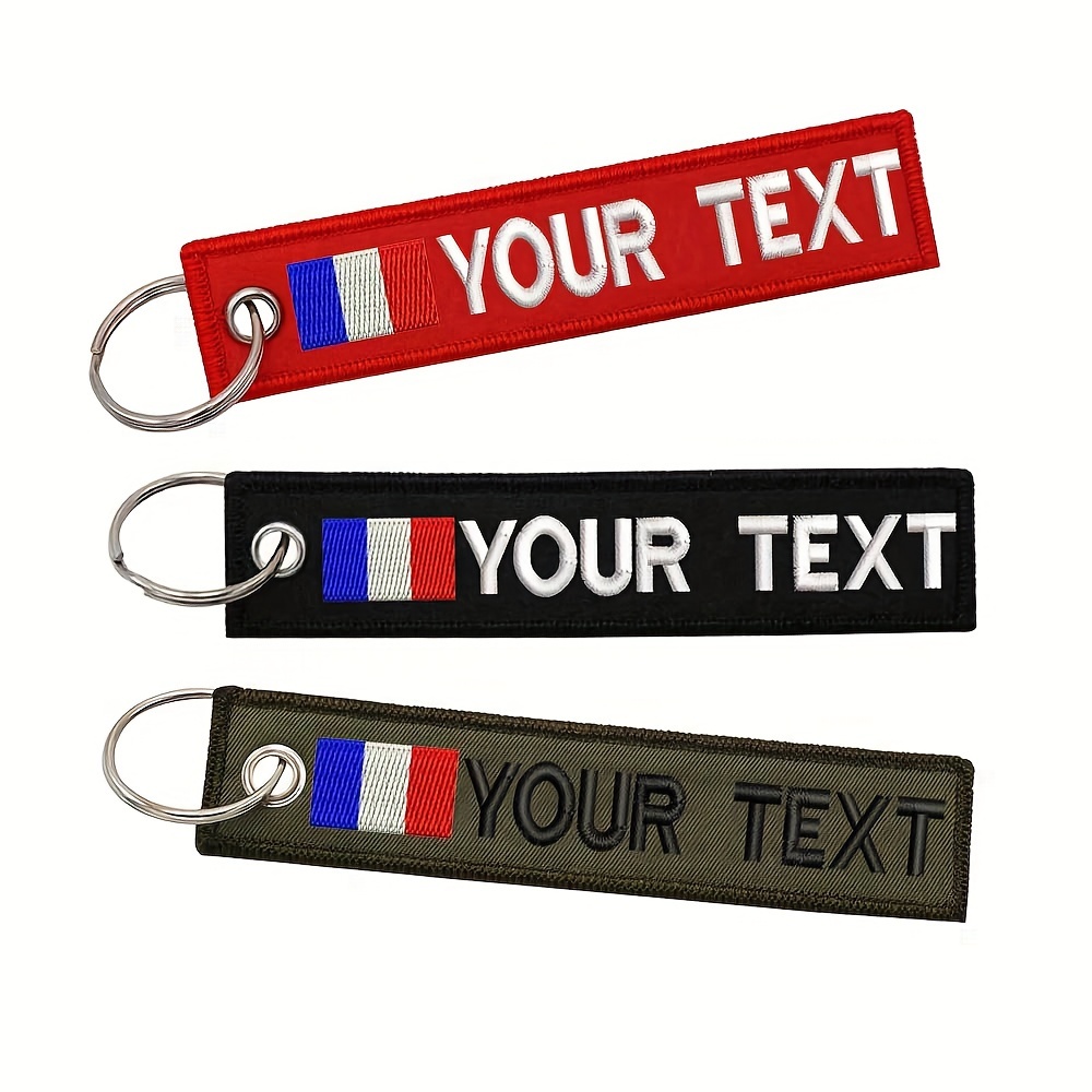 

Custom Embroidered Keychain with French Flag, Personalized Text, Double-Sided, Name Tag Key Ring - Mixed Color, Pack of 1