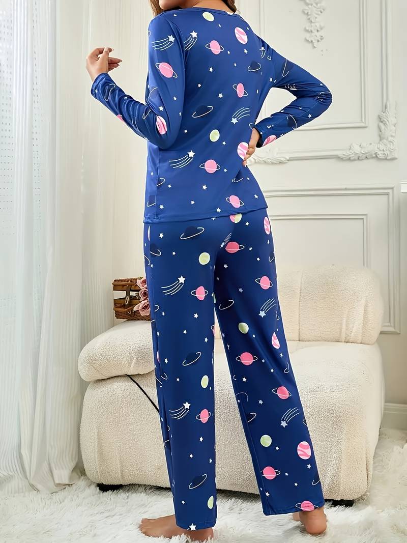 Pyjama Femme Ekouaer Hiver - Ensemble à Manches Longues Et Col Rond Couleur Contrastée - Taille S à XXL