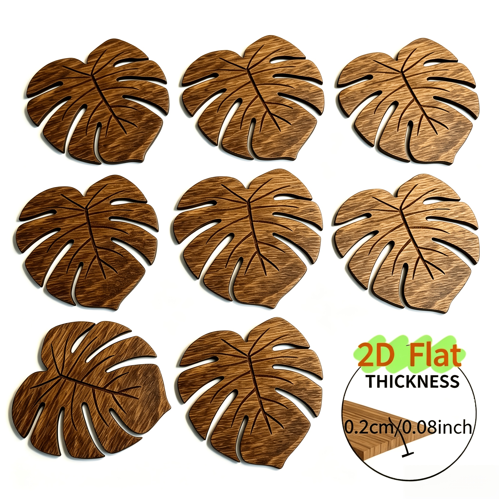 TEMU 8pcs Monstera Natural Wood Coaster Set, 2d Flat Printed Heat-insulating Coasters, Heat-resistant Table Mats, Plate Coasters, Drink Coasters,
