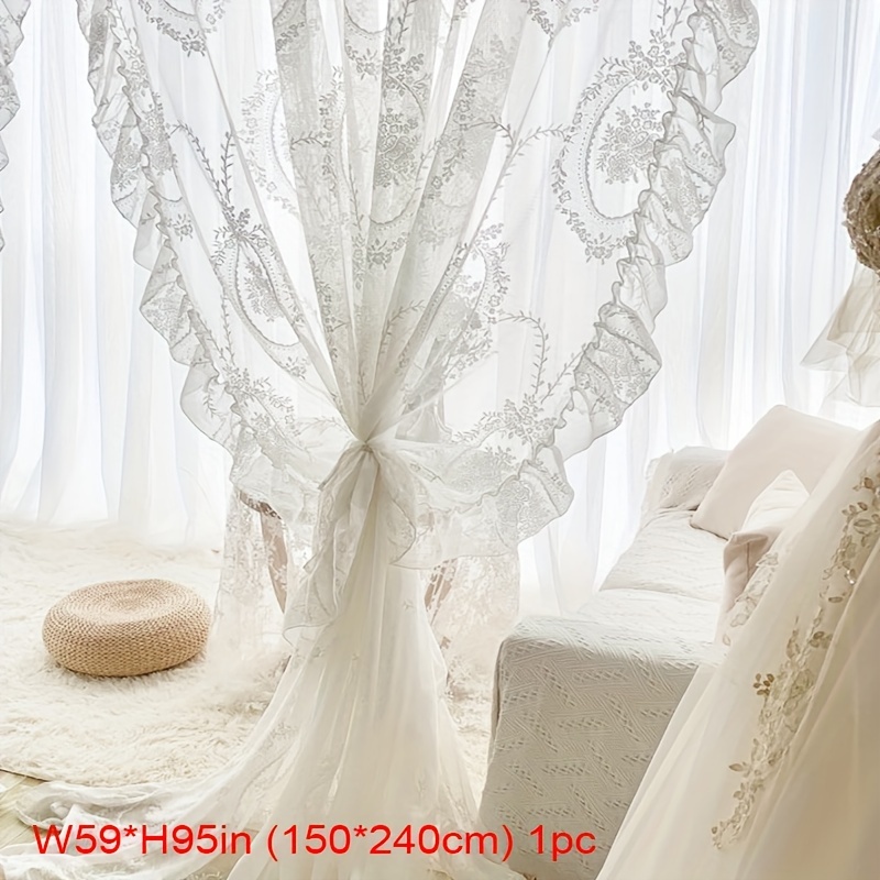 1pc White Lace Floral Sheer Curtain - Add A To !