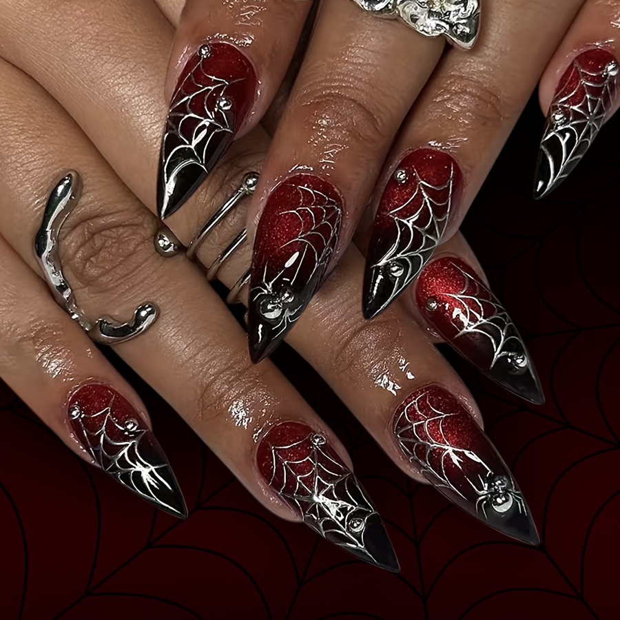 TEMU Faux ongles à pression Halloween Toile d'araignée rouge et noire, style Stiletto gothique, 24 pièces, pour fête