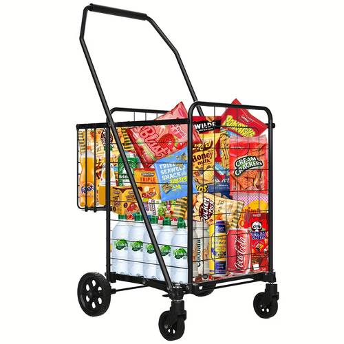 heavy duty folding grocery cart on wheels versatile shopping cart for groceries and laundry 132 lbs capacity double basket design