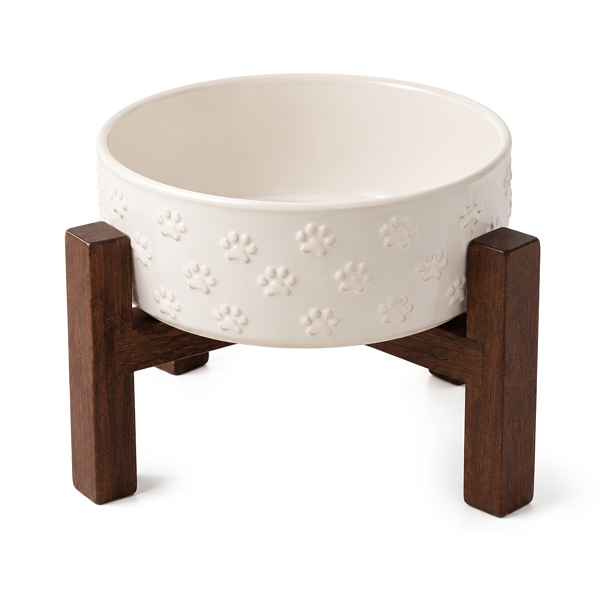 TEMU 1 Set 450ml Embossed Paw Ceramic Pet Bowl With Elevated Wooden Stand, Raised Pet Feeding Bowl For Cats And Small Dogs, Food & Water Bowl, Smooth