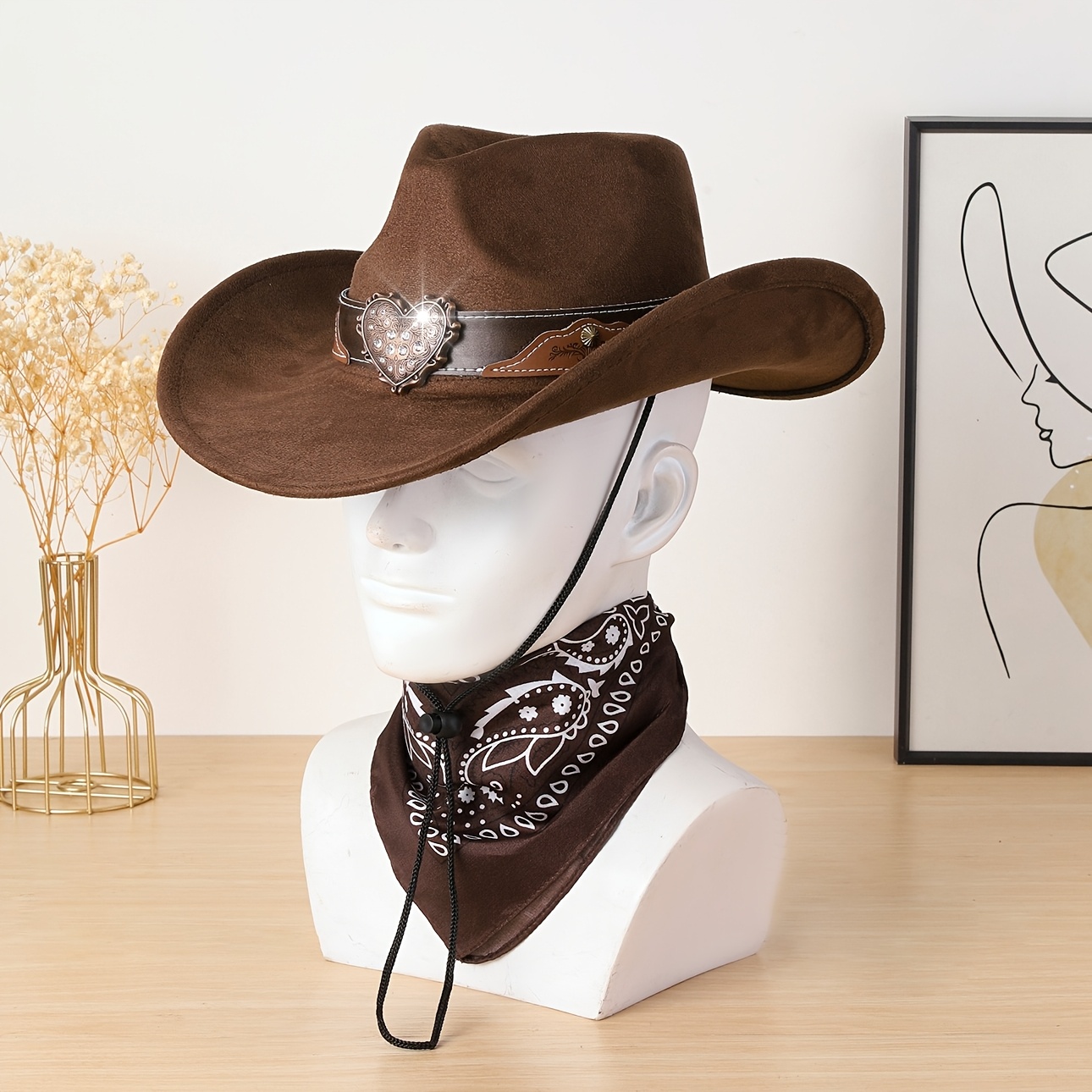 TEMU 1 Set Unisex Heart Rhinestone Suede Cowboy Hat & Set, Wide Brim Western Cowboy Hat With Scarf For Rodeo Party Festival Outdoor