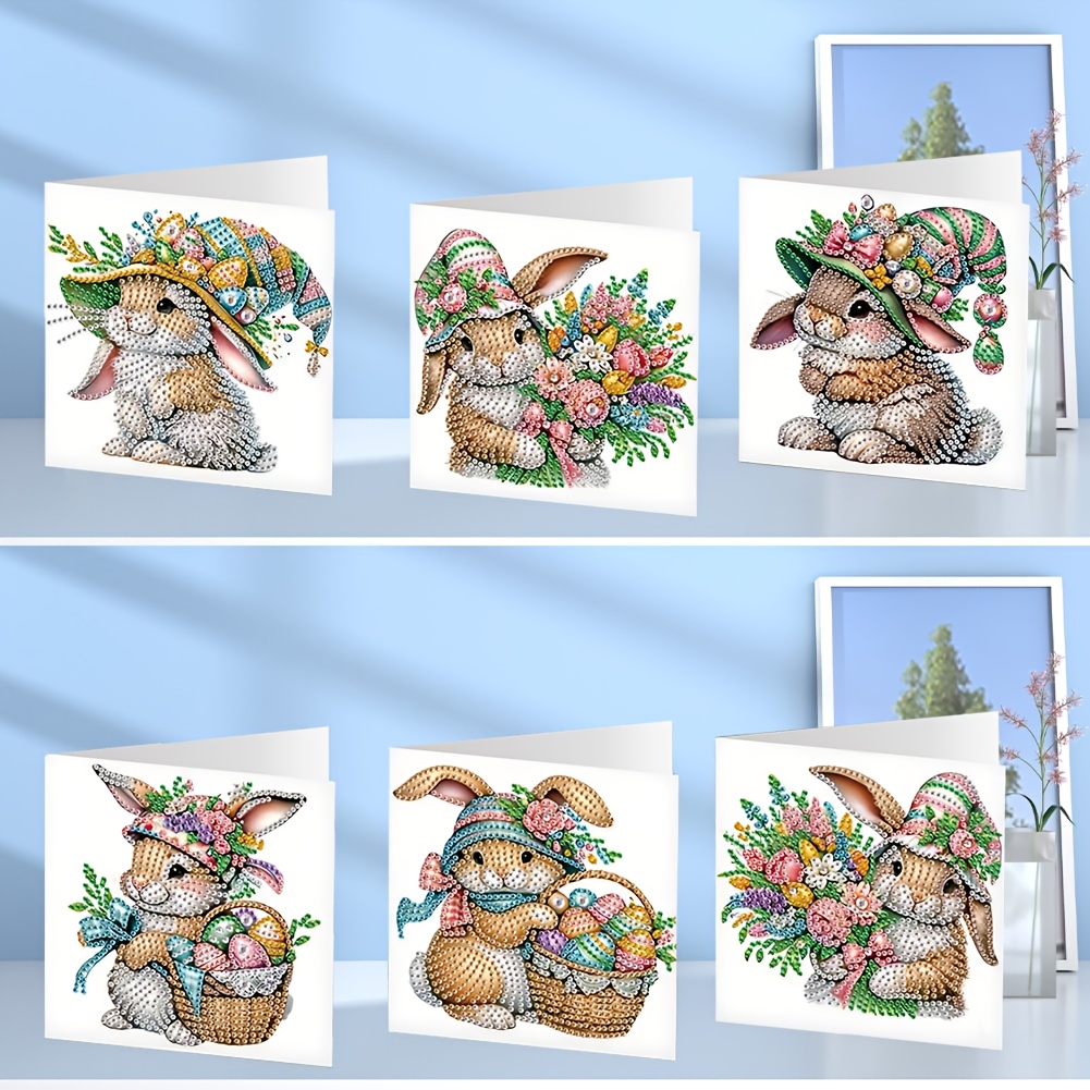 TEMU 6pcs Diamond Painting Greeting Card Set - Easter Bunny Series, Special Shaped Jewelry Partially Inlaid Handmade Greeting Card With 6 Envelopes,