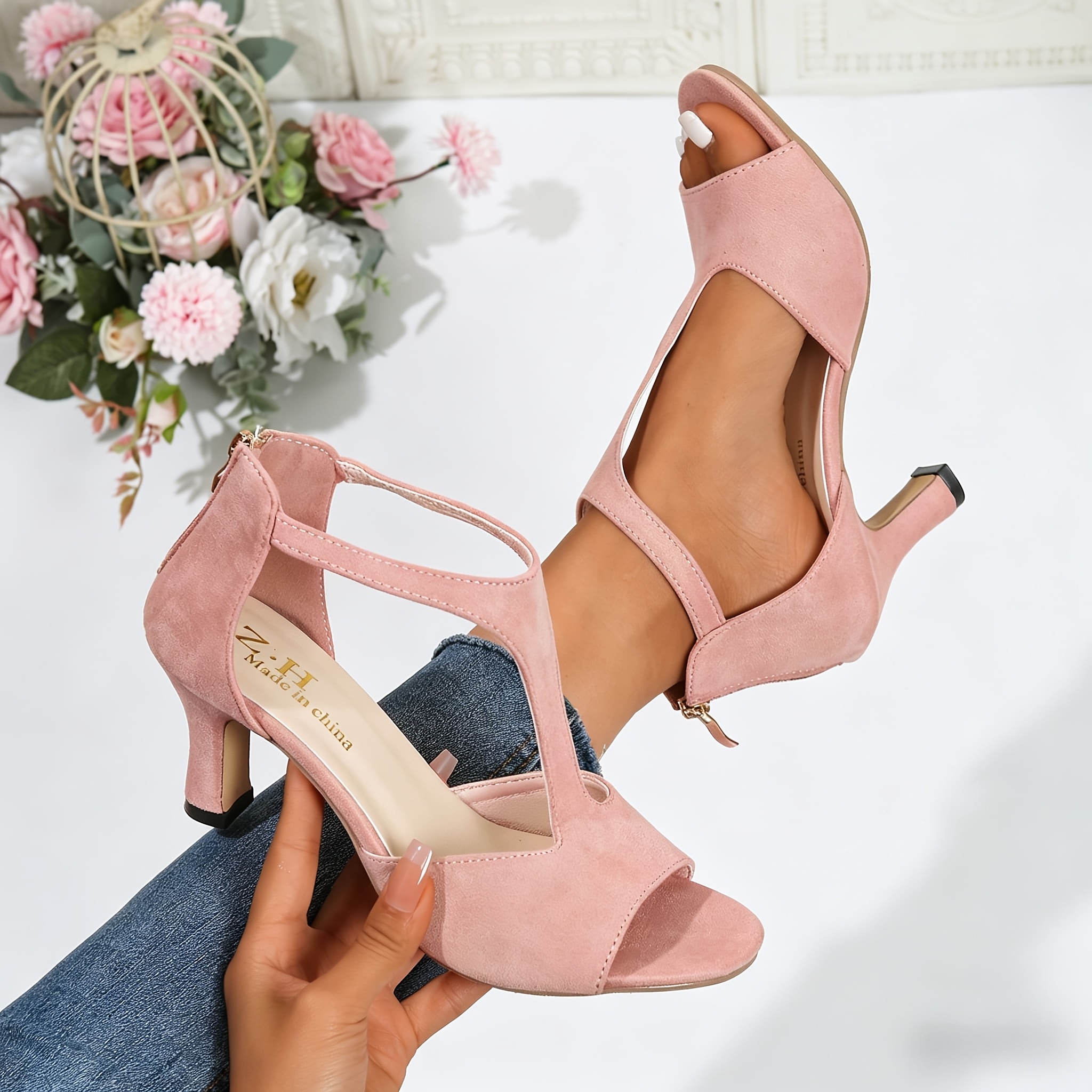 TEMU Nouveaux Sandales d'Été à Talons Hauts pour Femme, Design Rétro Élégant et Respirant, de Couture Collée, Style à avec Bride Imprimée, Bout Rond