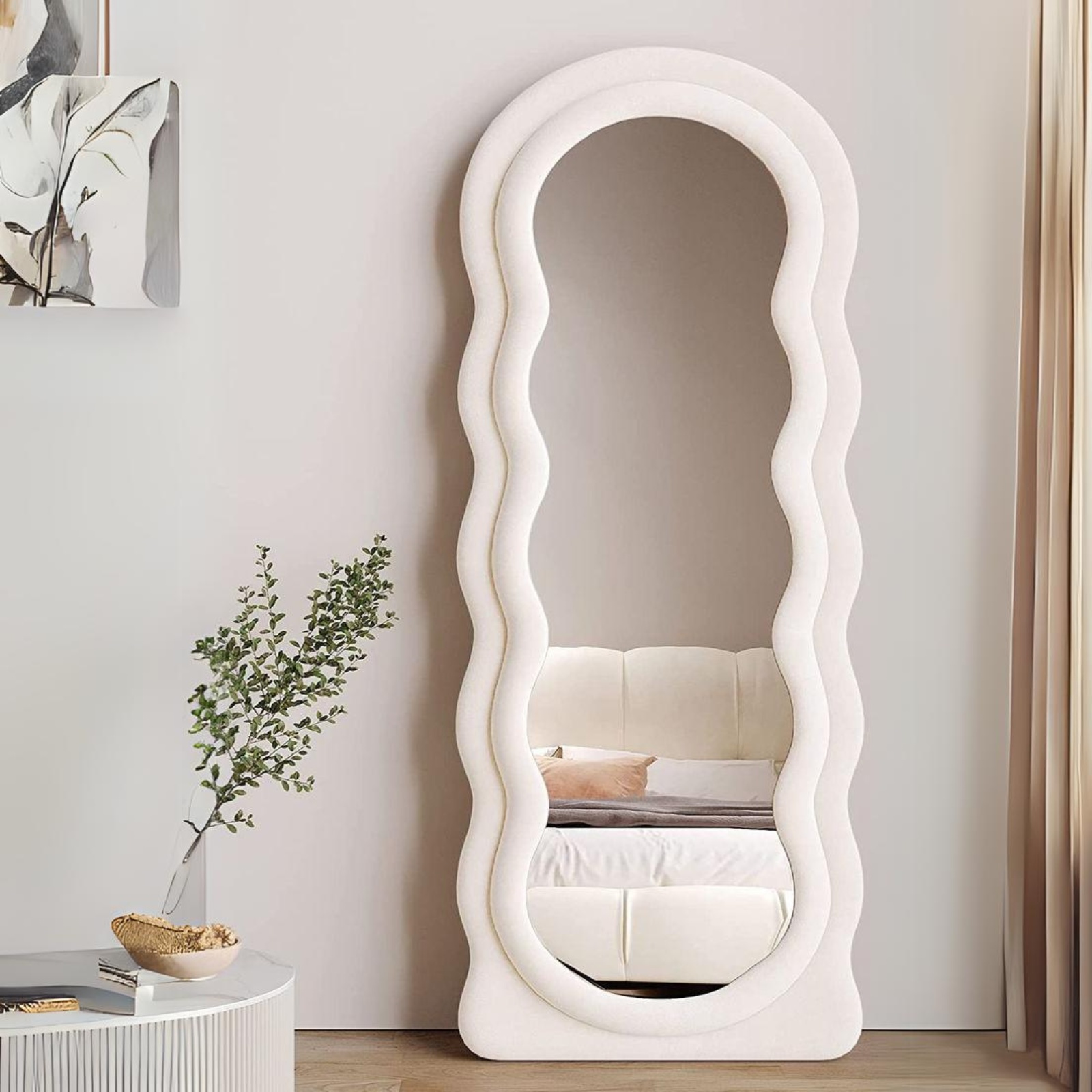Image of Large Full Length Mirror With Wavy Arched Top - Full-height Floor Mirror Suitable For Bedroom, Living Room - Elegant Wavy Arched Mirror With Standing/ Installation, Vertical Dressing Mirror For