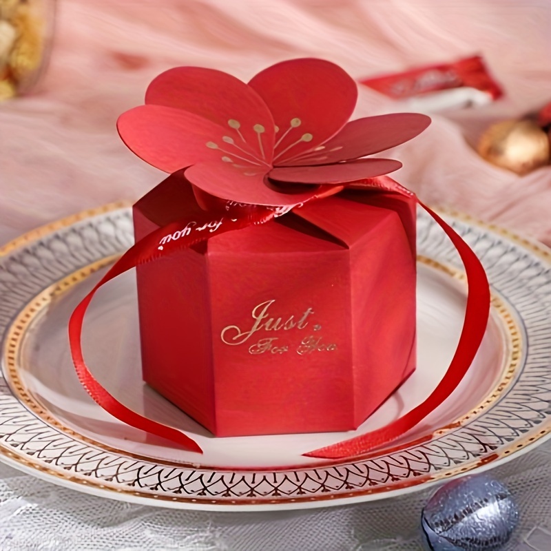 50pcs, Creative Candy Box European Wedding Table Gift Box Hexagonal Petal  Candy Box Wedding Back Gift Box with Ribbon, Packaging Box, Gift Box,
