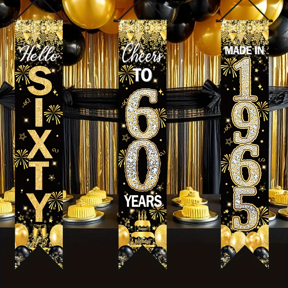 

Set Of 3, Happy 60th Birthday Porch Sign Banner, Black And Golden Theme Party Banner, Polyester, Hanging Decorations For Home Wall Living Room, Yard, Garage Decor Supplies