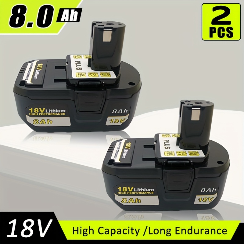elementbilde 2 stk 8.0ah 18v erstatningsbatteri for ryobi 18v litiumbatteri med led-indikator, kompatibel  108,  ,  , p104, p105, p107, p122 rbl1810 trådløst verktøybatteri