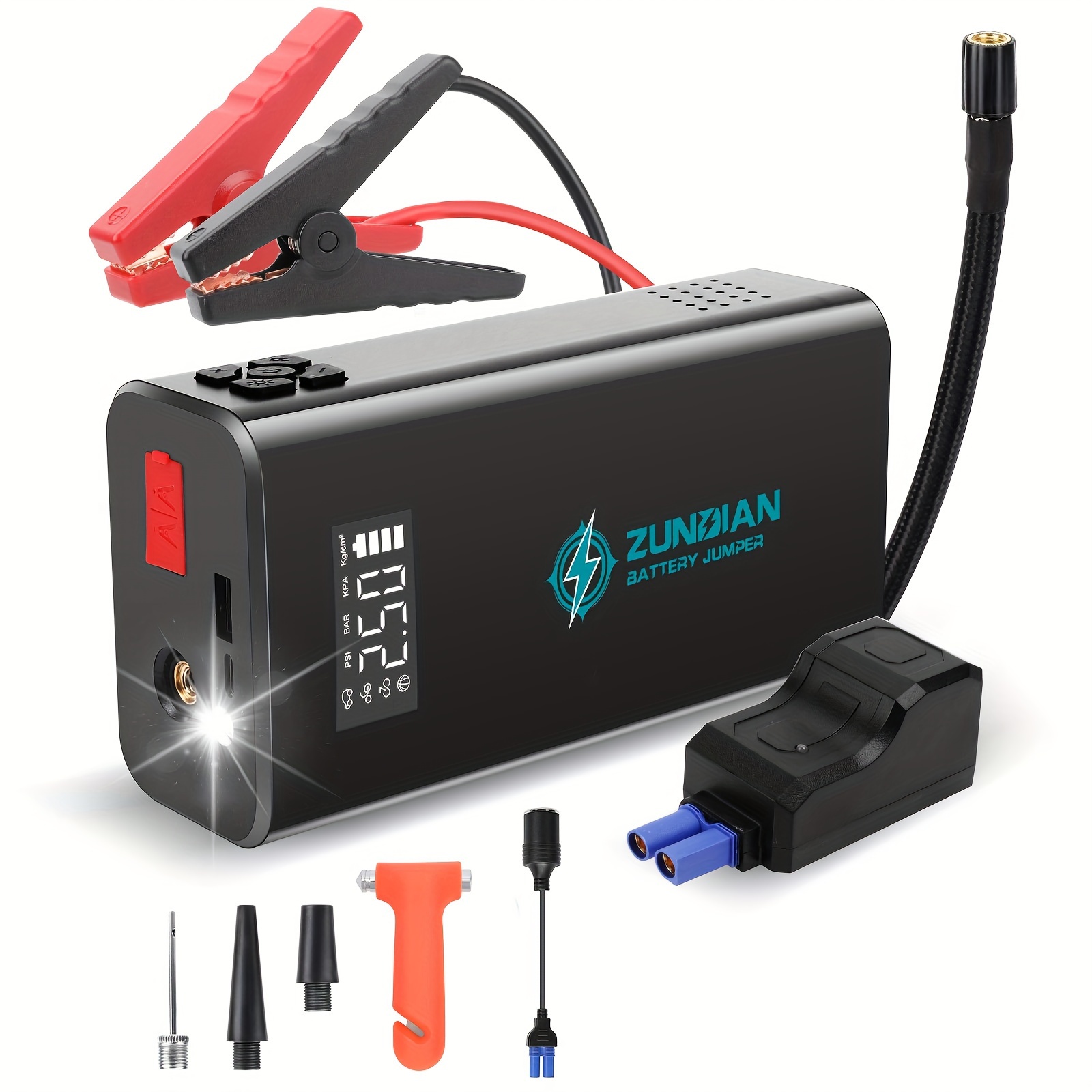 

Jump , Battery Jumper Charger 150psi Air Compressor, Portable Jump , 12v Lithium Jump Box Pack (8.0l Gas/5.0l Diesel), Jumper Cables, Qc 3.0, Flashlight, Lcd Display