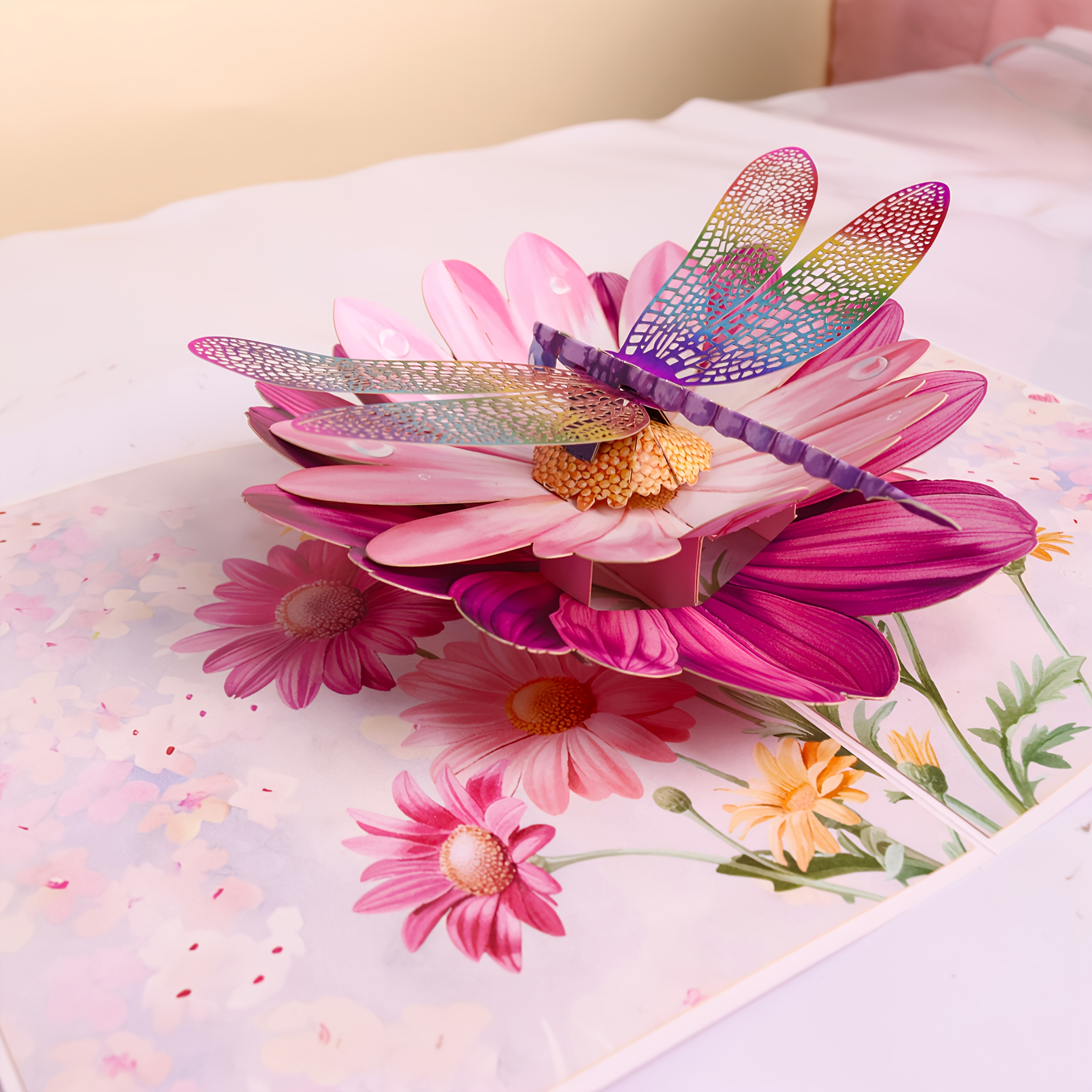 E-shop 1 Stück Libellen-Kosmos-Blume 3D Pop-Up Grußkarte - Cartoon-Thema Spezialfunktion Popup - für Muttertag, Geburtstag, Ruhestand, Beileid, & -