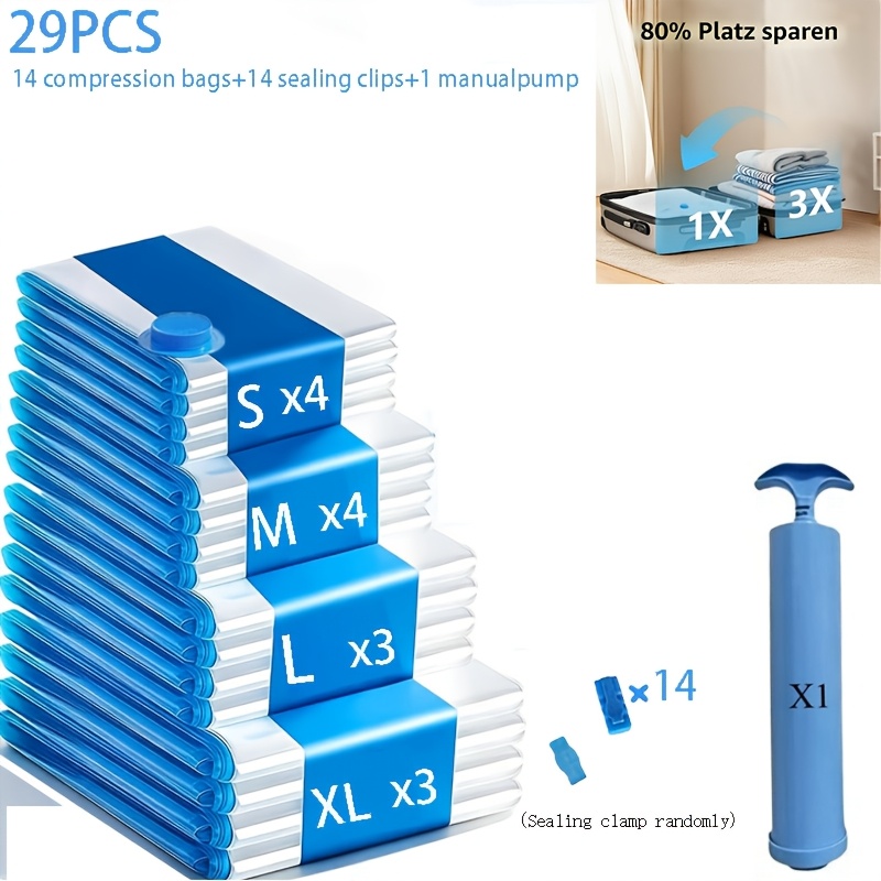TEMU 29pcs Set: Includes 4s+4m+3l+3xl Vacuum Compression Bags, 14 Sealing Clips, And 1 Hand Pump. Clothing Storage Bags Suitable For Travel And Home