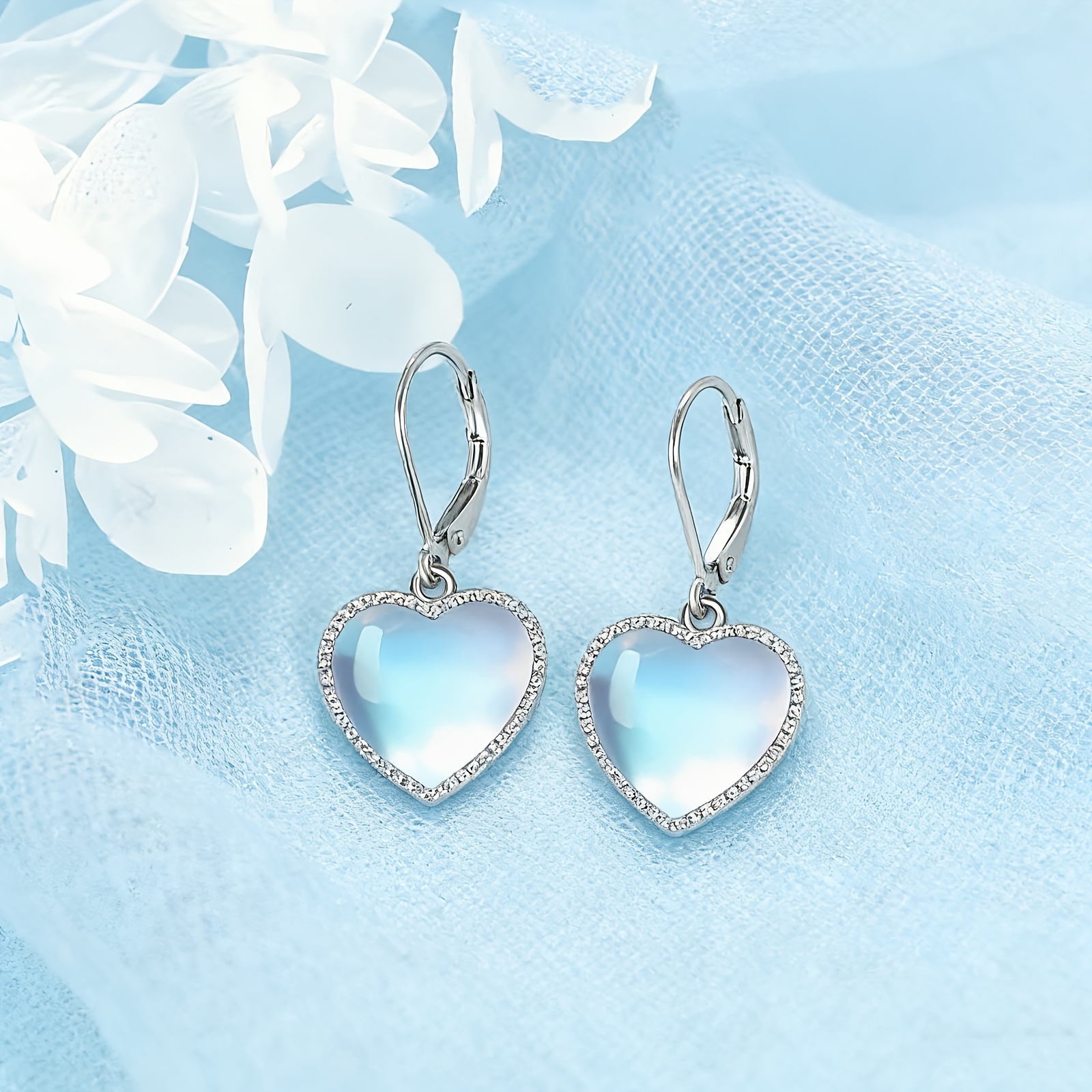 Heart-Shaped Moonstone Earrings, Summer Ocean Series