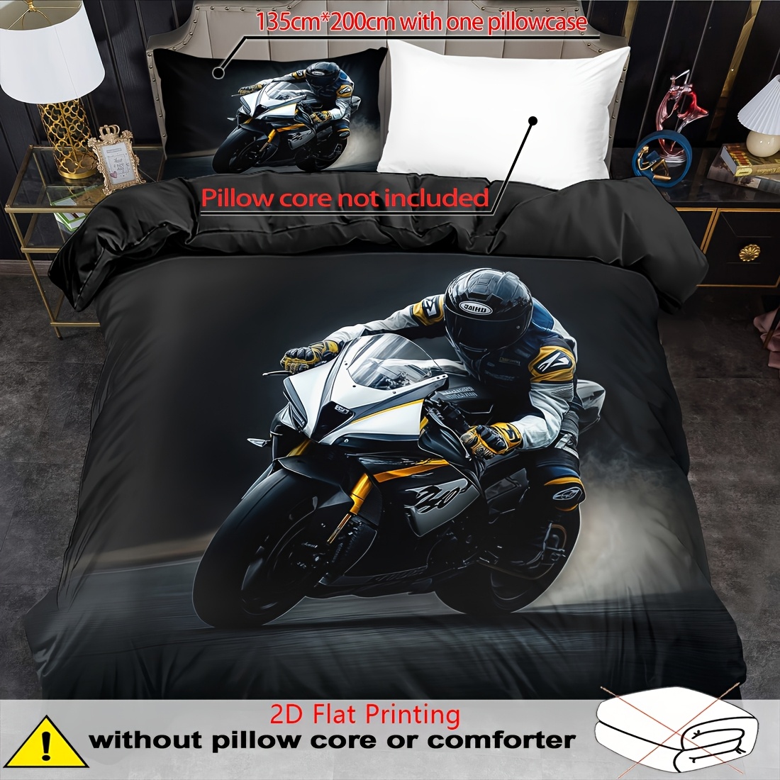 TEMU 2d Flat Printing 2/3pcs Quilt Cover Set, Motorcycle Print Duvet Cover Set, Sports Bedding, Polyester Machine Washable, Quilt Decoration, Bedroom