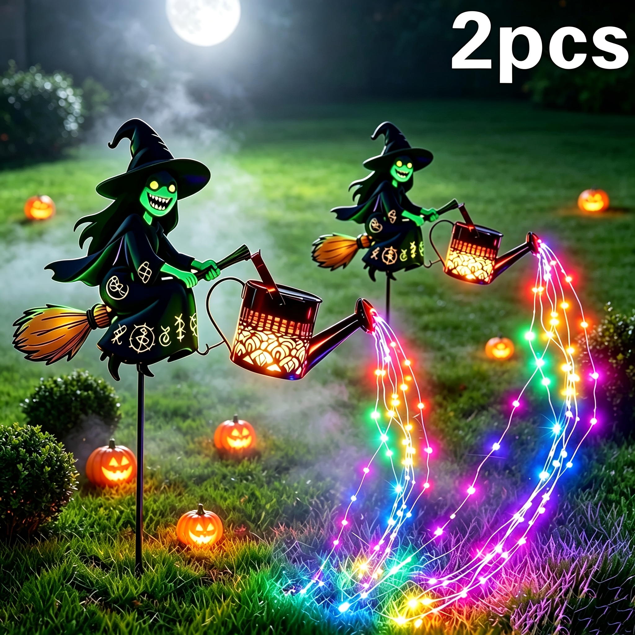 TEMU 2pcs Outdoor Courtyard Solar Lawn Lights, Flying Witch Lanterns Or Santa Claus Lanterns, Colorful Or Warm White Led Flashing Lights, Exquisite