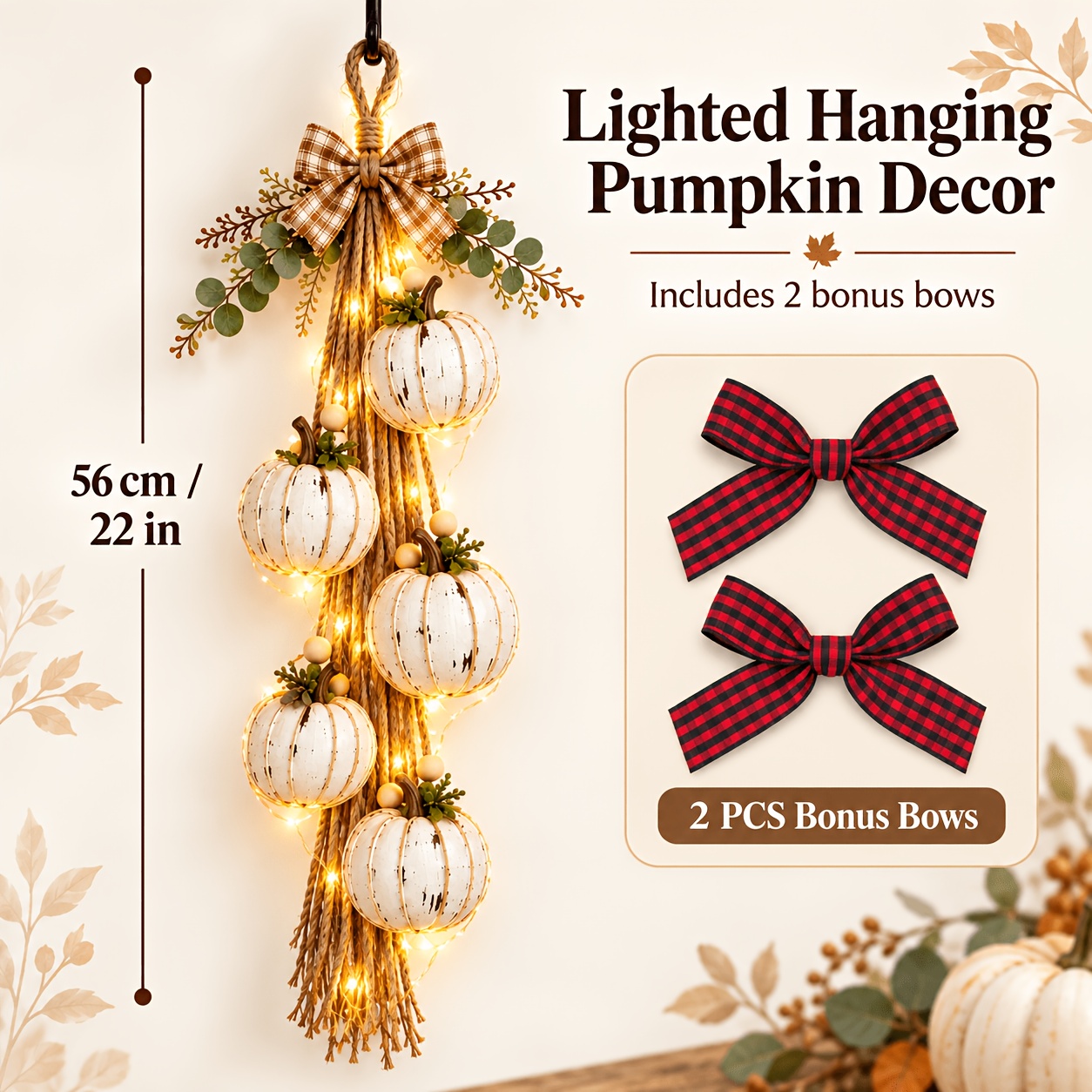 2pcs Set, Including A Easy Halloween Decoration And 1 Led Warm Light String, And A -out Pumpkin With A Checkered Bow, Perfect For Farmhouse Style Autumn Door Decoration