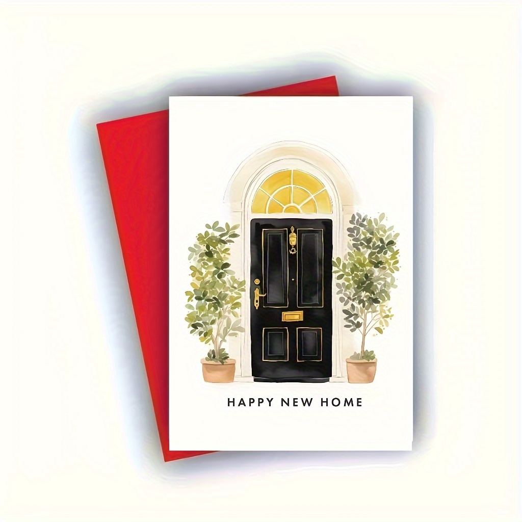 

Co. "happy " Greeting Card, Black Front Door Olive Trees, Unisex Housewarming Card, Blank Inside, Includes Envelope, Supplies, Stationery, 4.25x5.5 Inches