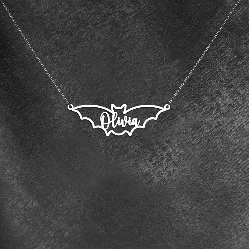 TEMU A Personalized Gothic Bat Pendant Necklace - Custom Engraved Stainless Steel Jewelry, Vintage Bohemian Style Women's Accessory, Halloween Gifts