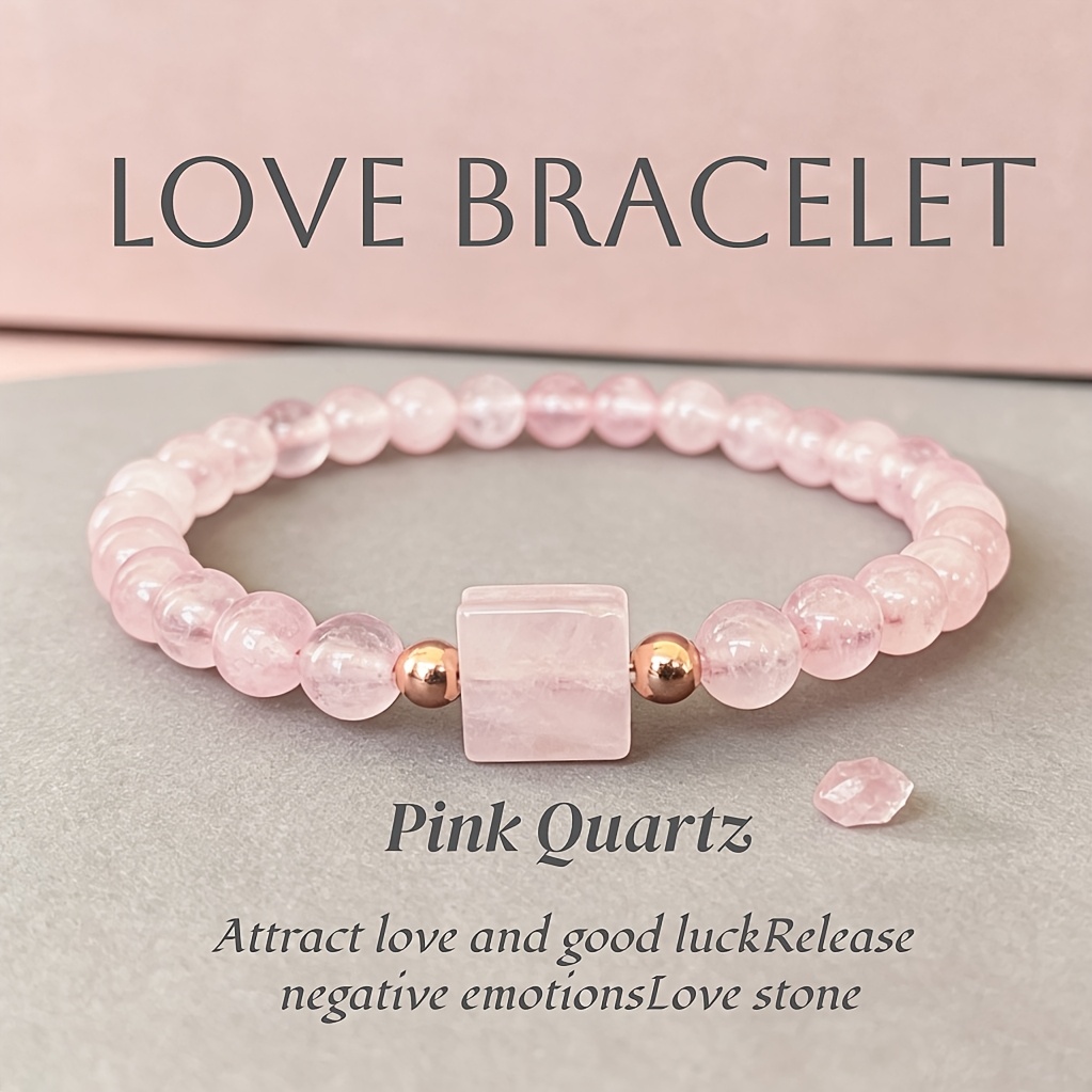 Image of Natural Pink Crystal Bracelet - Rose Quartz, Attracts Love, Luck And , Symbolizes And , Valentine's Day, Anniversary Gift, Suitable For Daily Wear