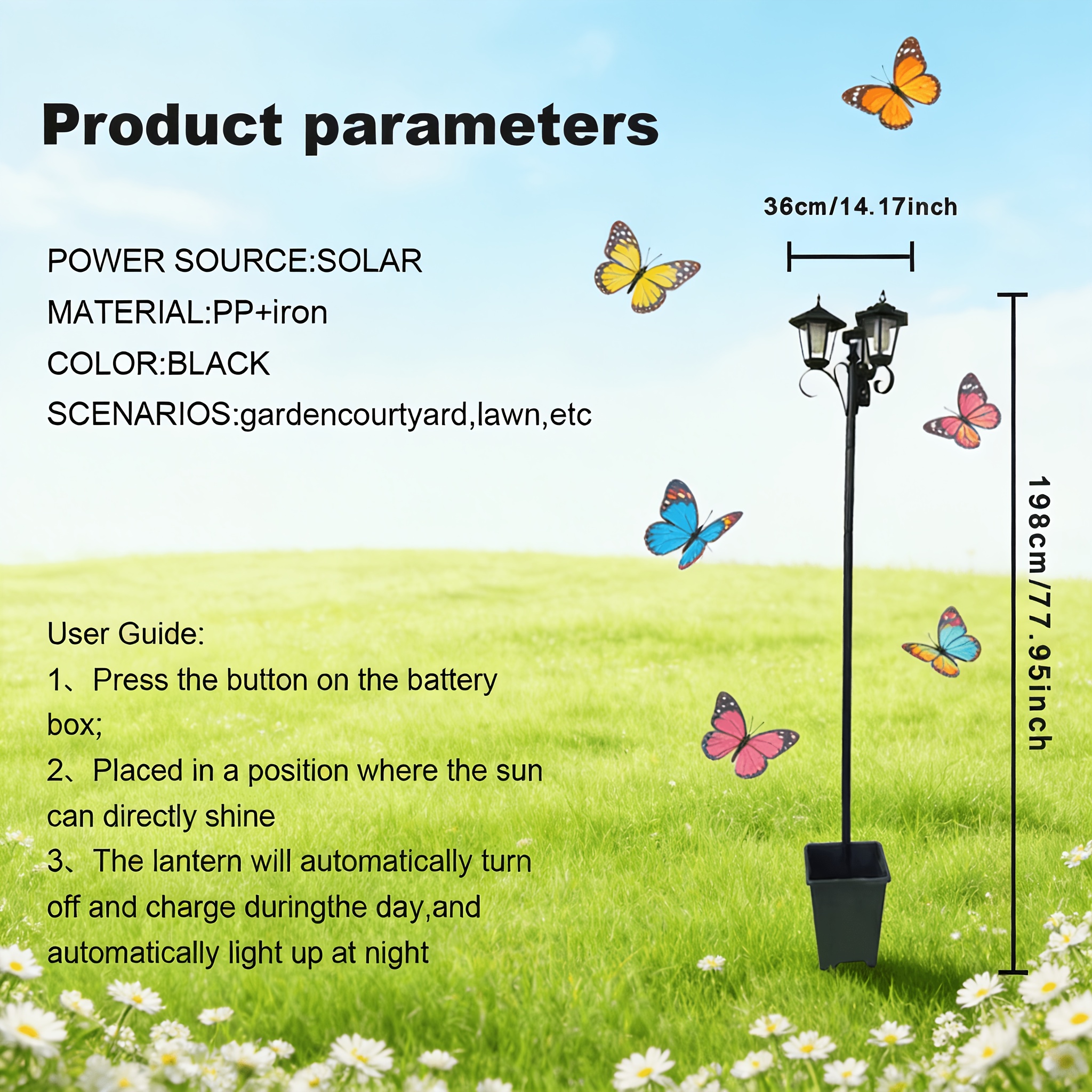 E-shop 198 cm Solar-Frühlings-Strassenlampe mit drei Köpfen und Blumentopf, der Blumentopf kann Blumen anbauen, um die Stabilität der Lampe zu erhöhen,