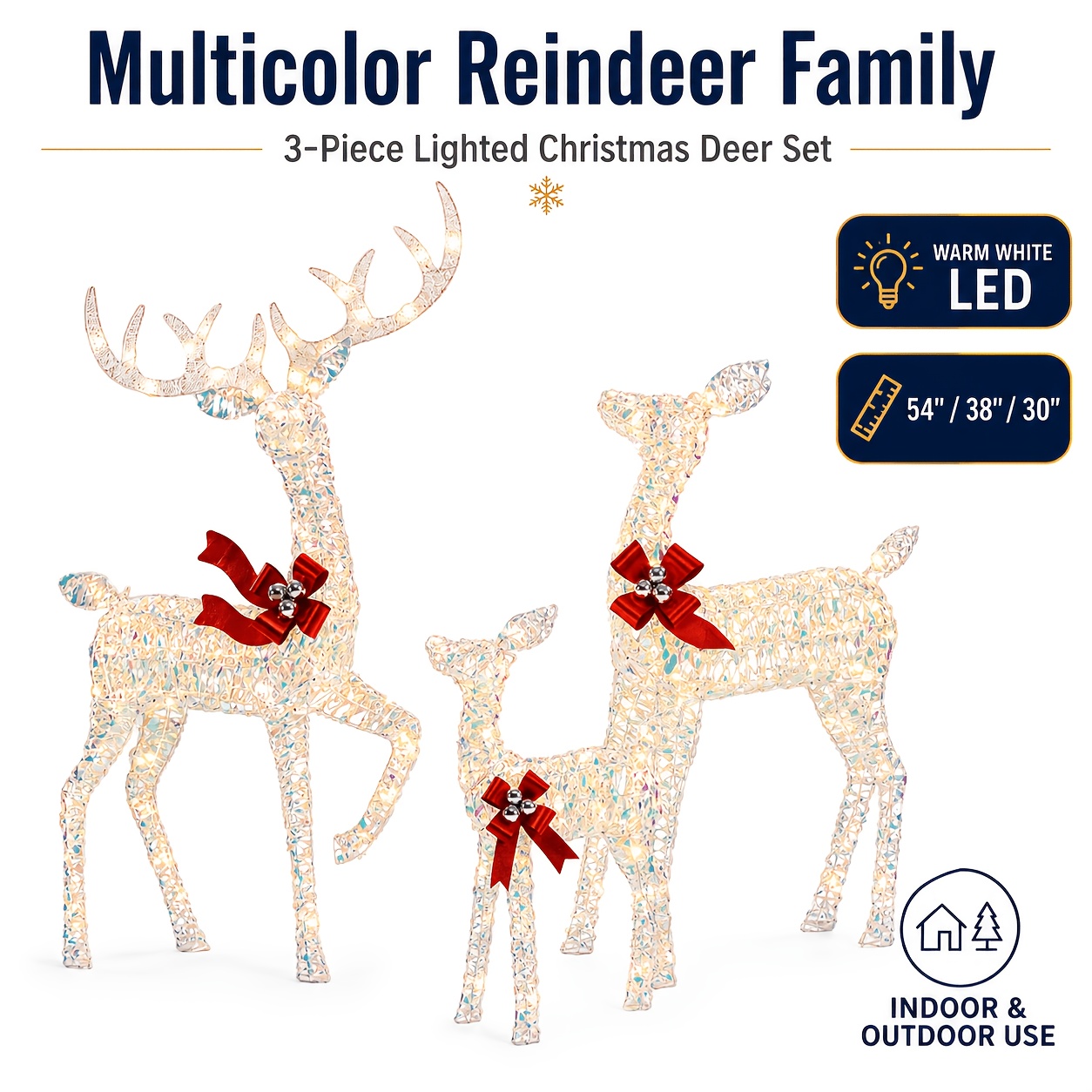 TEMU 3pcs Large Lighted Christmas Deer Family Set, Christmas Indoor And Outdoor Decoration With 225 Warm White Led Lights, Ground Pegs, Cable Ties.