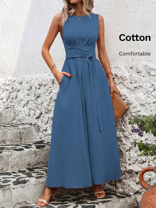 solid color casual tie back sleeveless dress
