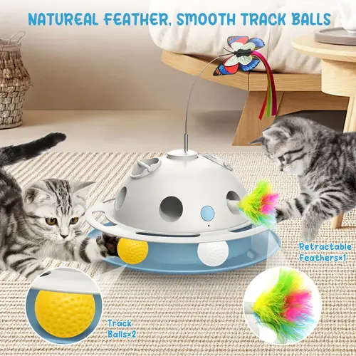 indoor 4 in 1 cat toy 360 motorized rotating intelligent interactive kitten toy random feathers cat toy tracks suitable for all breeds of cats for indoor exercise