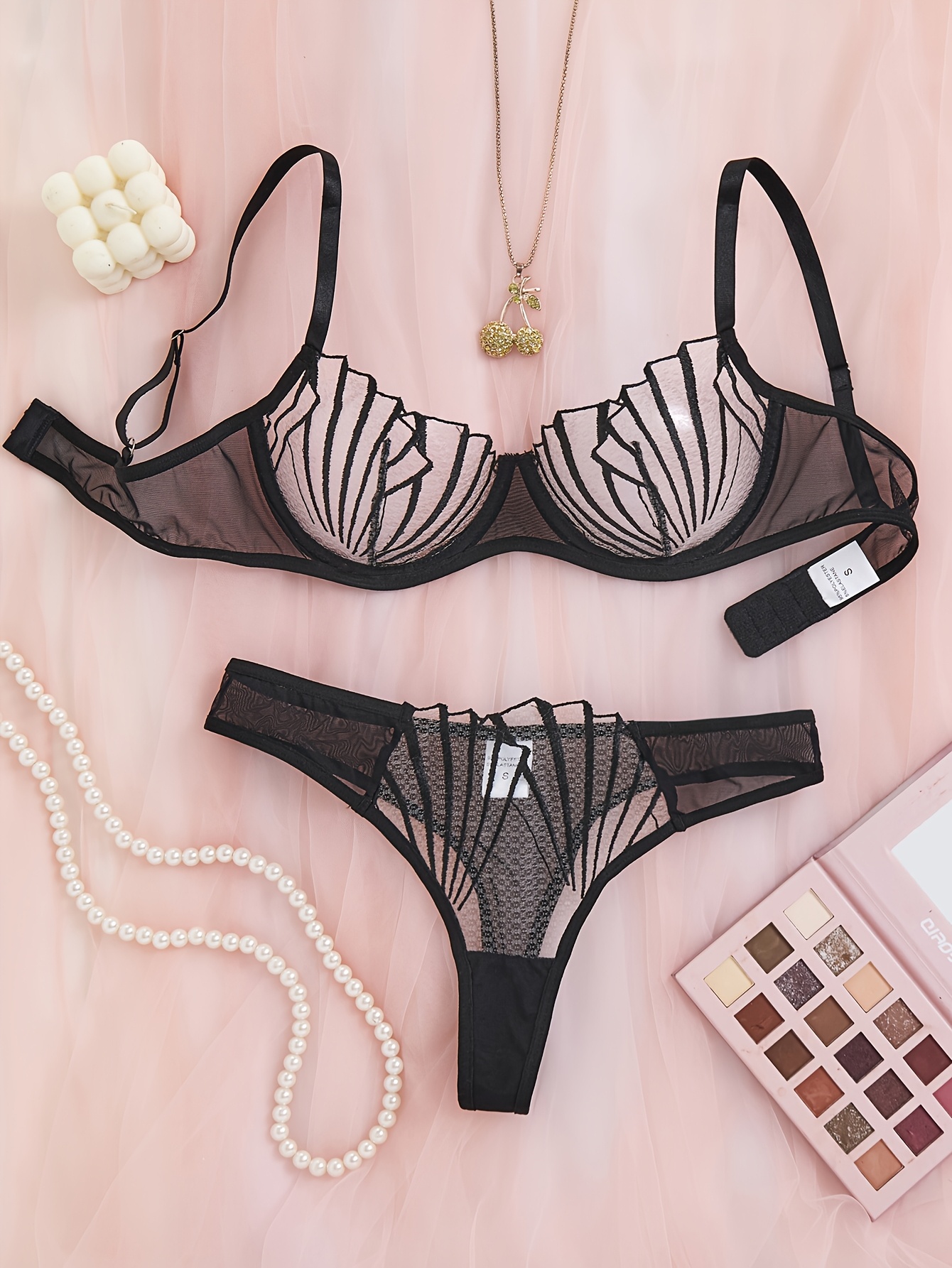 Sexy Lace Lingerie Push Up Underwear, Semi-Transparent Bra And Panty Set,  Women Gathered Chest Lingerie Flower Embroidery Bra Set