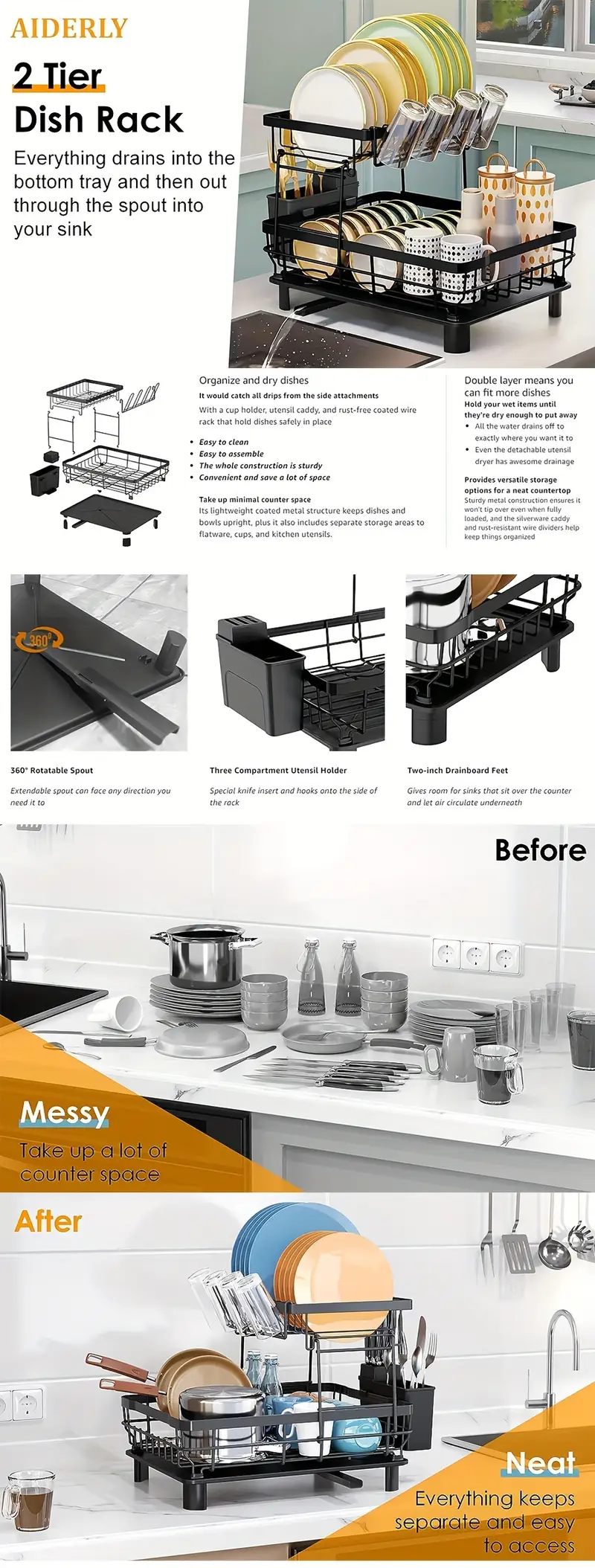 2 tier kitchen dish drying rack with removable utensil holder large capacity drying rack with for kitchen sink counter Product details 0