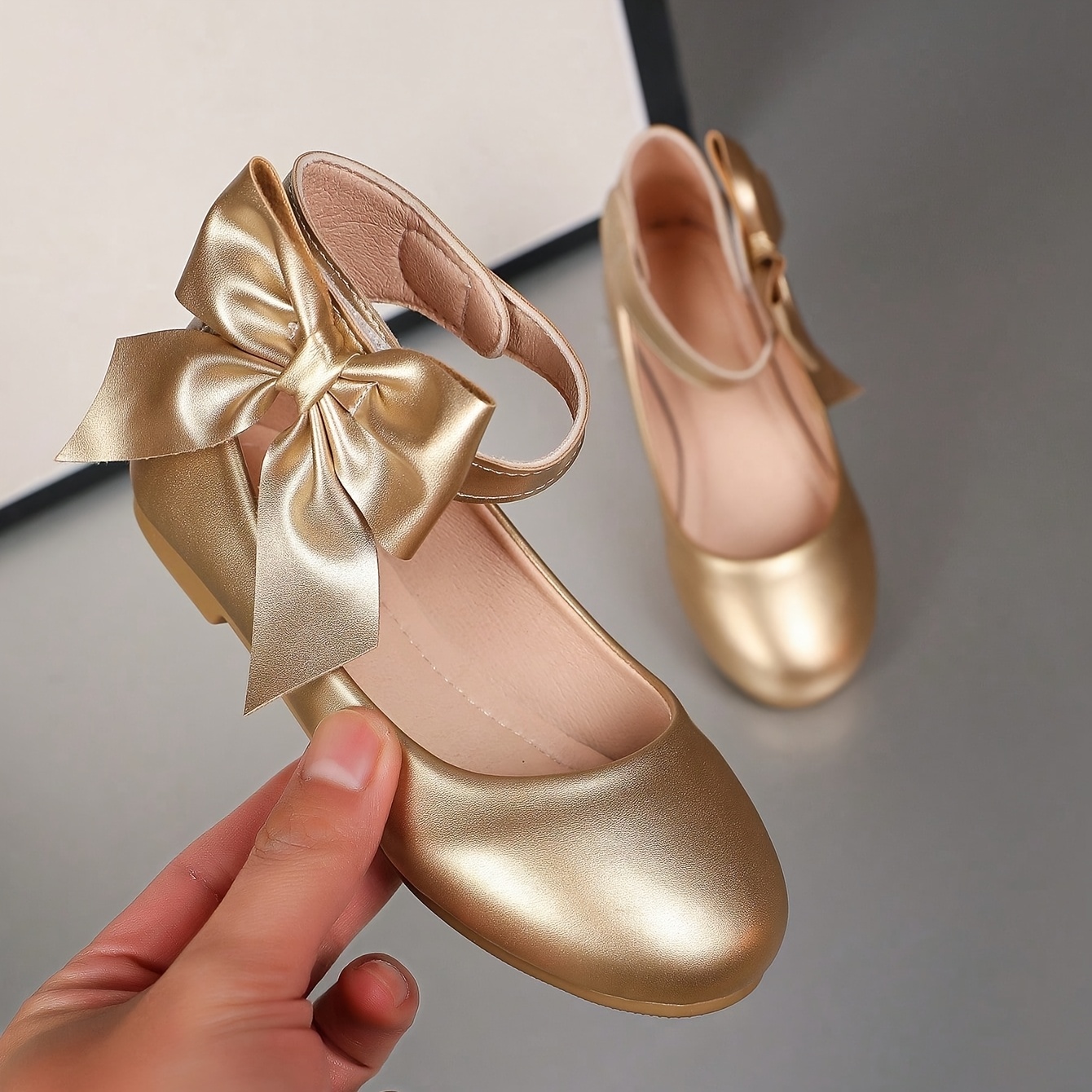 girls golden flat shoes large bow ankle strap suitable for parties casual formal events