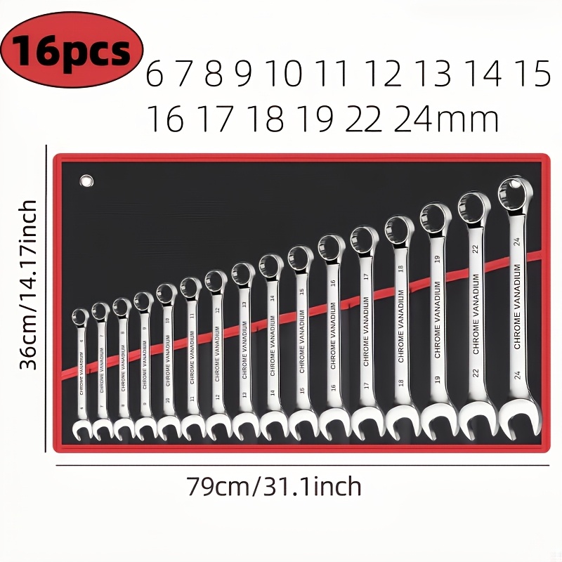 TEMU 16 pièces Jeu de Clés Métriques en Acier Chrome Vanadium Robustes - 6-22mm Kit d'Outils à Main Réglables avec Finition Polie Antirouille, Idéal