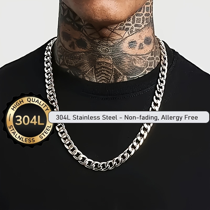 E-shop 1 Stück Herren Hip Hop 7mm Silberfarbene Hypoallergene 304L Edelstahl Kubanische Bordürenkette Halskette - für Männer Perfektes Geschenk, Nicht