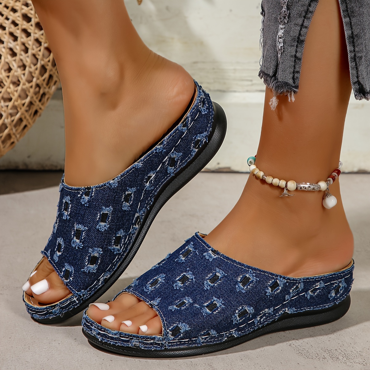 

Women's Denim Slide Sandals, Bohemian Summer Flat Slip-ons, Soft Sole Comfort Walking Casual Beachwear