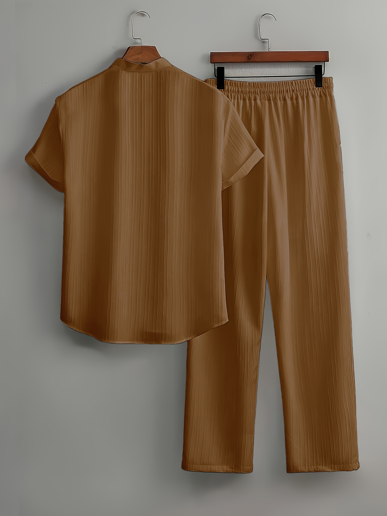 Men's Summer, Fashionable Wave Pattern Simple Casual Short Sleeve Shirt and Plain Trousers Set