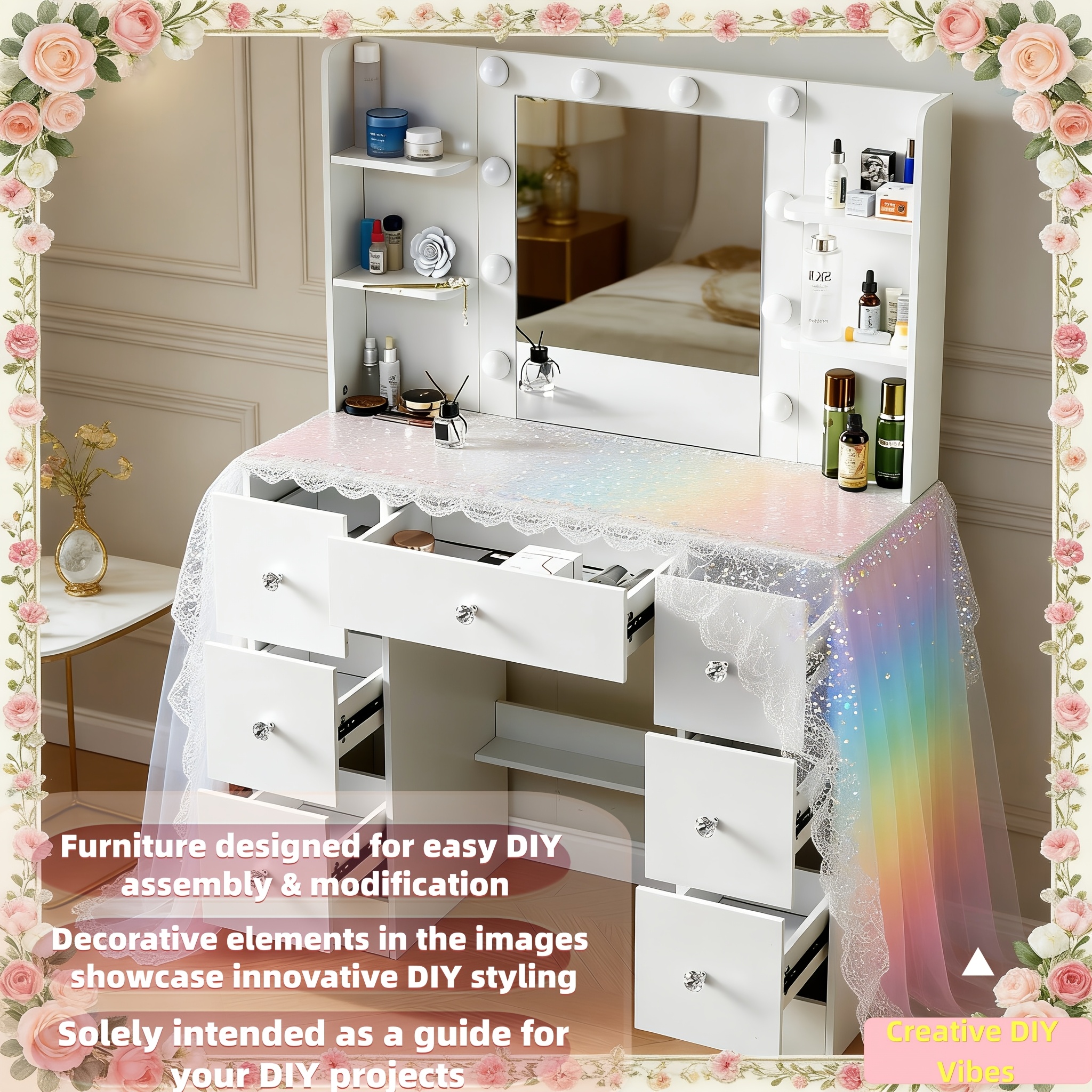 DIY-Friendly Modern Nordic Solid Wood Desk with Adjustable Lighting & LED Mirror