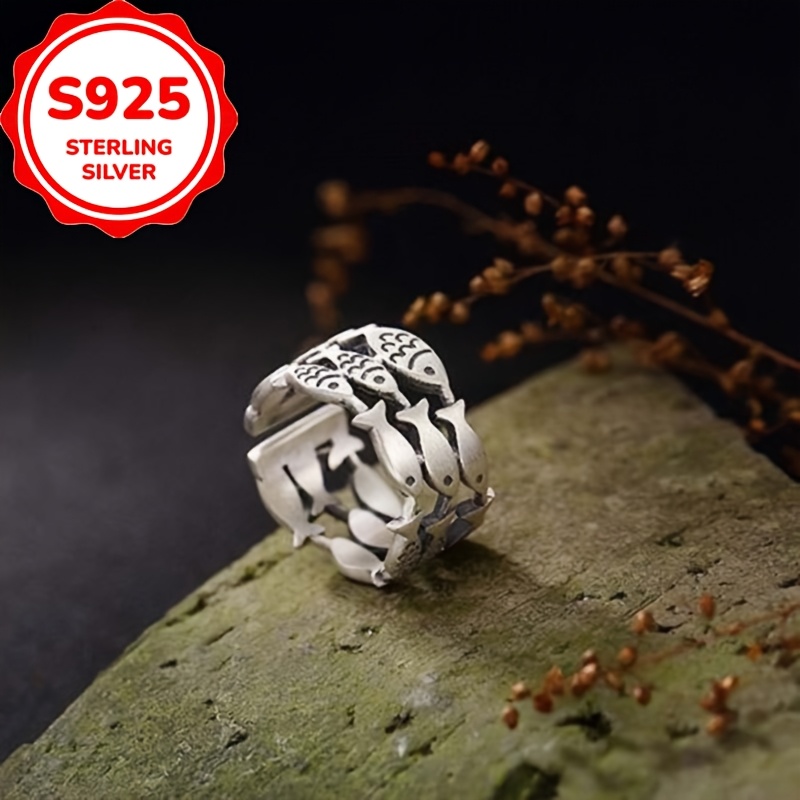 Women's S925 Silver Three-Layer Small Fish Open Ring